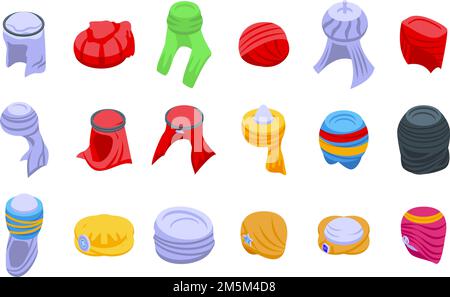 Arabic turban icons set isometric vector. Arab hat. Oriental accessories Stock Vector