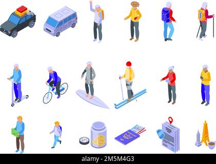 Retirement travel icons set isometric vector. Safety insurance. Health life Stock Vector