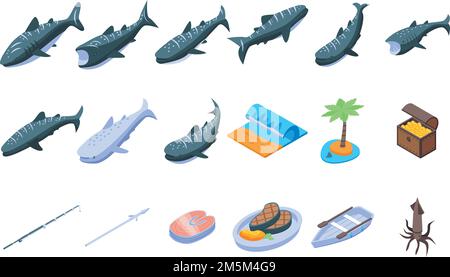 Whale shark icons set isometric vector. Fish animal. Exotic mammal Stock Vector