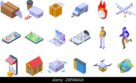 Fast shipping icons set isometric vector. Business car. Cargo courier Stock Vector