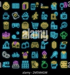 Habit icons set. Outline set of habit vector icons neon color on black Stock Vector