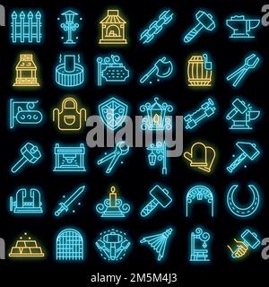 Blacksmith icons set. Outline set of blacksmith vector icons neon color on black Stock Vector