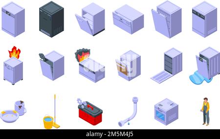 Repair dishwasher icons set isometric vector. Heating plumber. Repair service Stock Vector