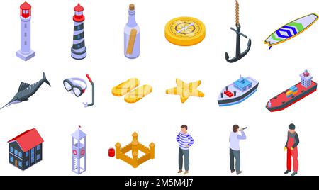 Seaside icons set isometric vector. Summer beach. Sea resort Stock Vector