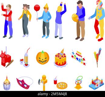 Kids party icons set isometric vector. Children party. Birthday character Stock Vector