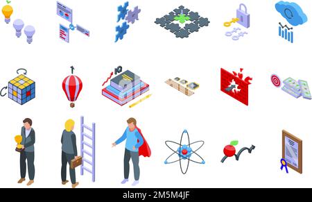 Insight icons set isometric vector. Brainstorm generation. Mind problem Stock Vector