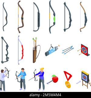 Archery competition icons set isometric vector. Archery target. Bullseye goal Stock Vector