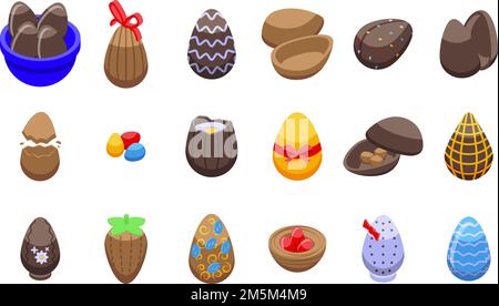 Chocolate eggs icons set isometric vector. Easter candy. Decorated snack Stock Vector