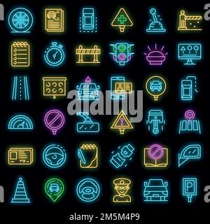 Driving school icons set. Outline set of driving school vector icons neon color on black Stock Vector