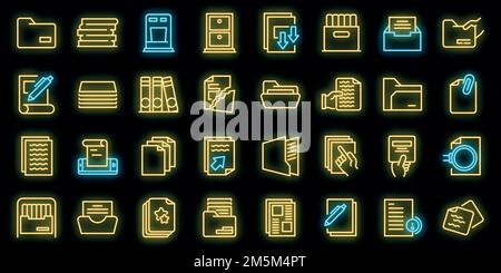 Storage of documents icons set. Outline set of storage of documents vector icons neon color on black Stock Vector