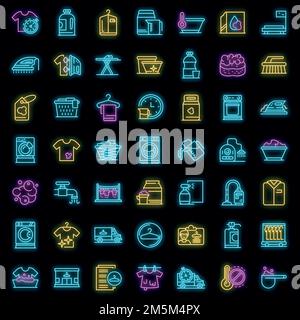 Dry cleaning icons set. Outline set of dry cleaning vector icons neon color on black Stock Vector