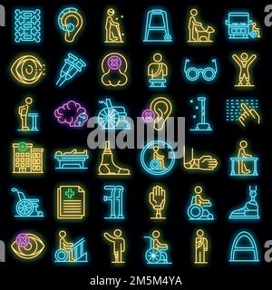 Handicapped icons set. Outline set of handicapped vector icons neon color on black Stock Vector