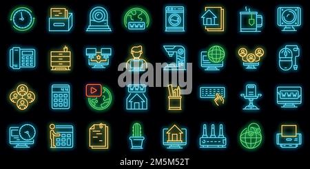Home office icons set. Outline set of home office vector icons neon color on black Stock Vector