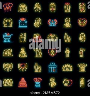 Family moments icons set. Outline set of family moments vector icons neon color on black Stock Vector