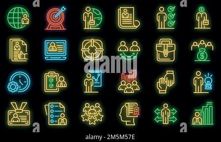 Outsource icons set. Outline set of outsource vector icons neon color on black Stock Vector