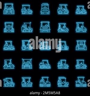 Golf cart icons set. Outline set of golf cart vector icons neon color on black Stock Vector