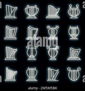 Harp icons set. Outline set of harp vector icons neon color on black Stock Vector
