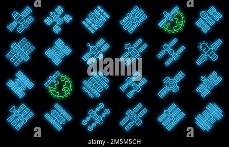Space station icons set. Outline set of space station vector icons neon color on black Stock Vector