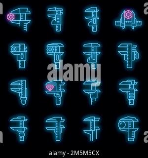 Calipers icons set. Outline set of calipers vector icons neon color on black Stock Vector