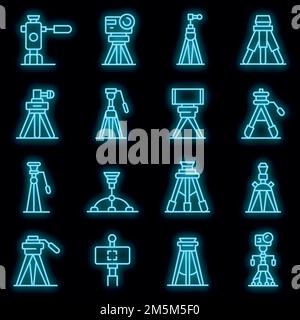 Tripod icons set. Outline set of tripod vector icons neon color on black Stock Vector