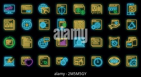 Browser icons set. Outline set of browser vector icons neon color on black Stock Vector
