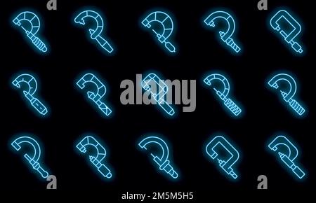 Micrometer icons set. Outline set of micrometer vector icons neon color on black Stock Vector