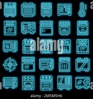 Convection oven icons set. Outline set of convection oven vector icons neon color on black Stock Vector