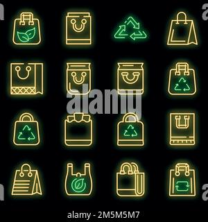 Eco bag icons set. Outline set of eco bag vector icons neon color on black Stock Vector