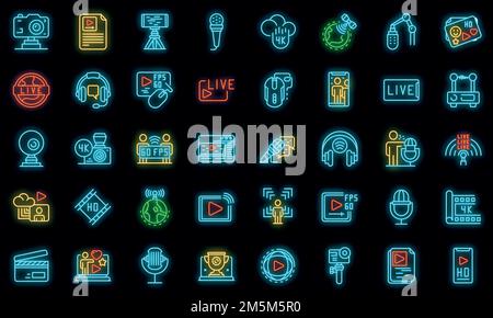 Stream icons set. Outline set of stream vector icons neon color on black Stock Vector