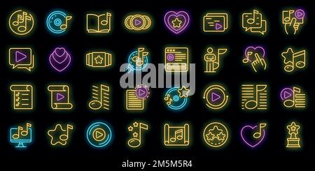 Playlist icons set. Outline set of playlist vector icons neon color on black Stock Vector