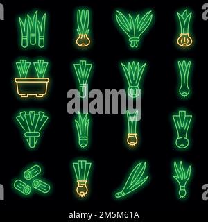 Chives icons set. Outline set of chives vector icons neon color on black Stock Vector