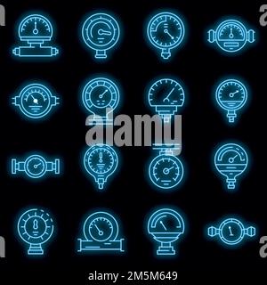 Manometer icons set. Outline set of manometer vector icons neon color on black Stock Vector