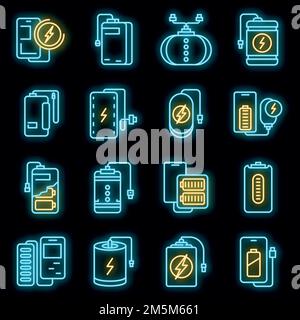 Power bank icons set. Outline set of power bank vector icons neon color on black Stock Vector