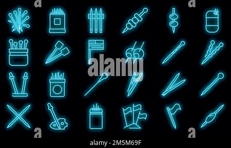 Toothpick icons set. Outline set of toothpick vector icons neon color on black Stock Vector