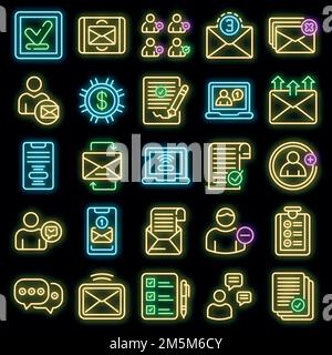 Request icons set. Outline set of request vector icons neon color on black Stock Vector