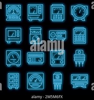 Voltage regulator icons set. Outline set of voltage regulator vector icons neon color on black Stock Vector