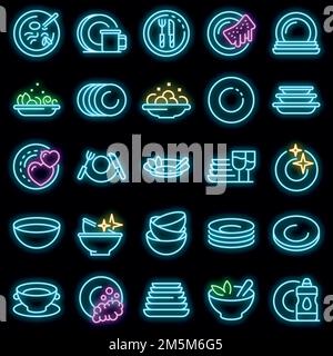 Plate icons set. Outline set of plate vector icons neon color on black Stock Vector