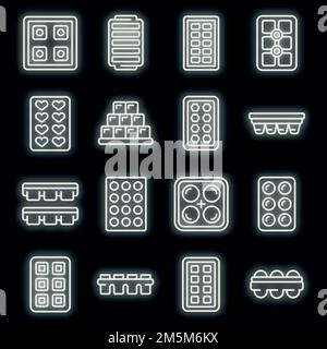 Ice cube trays icons set. Outline set of ice cube trays vector icons neon color on black Stock Vector