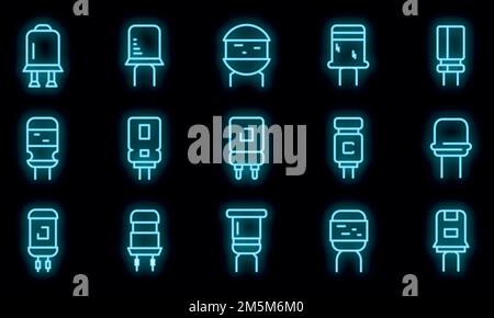 Capacitor icons set. Outline set of capacitor vector icons neon color on black Stock Vector