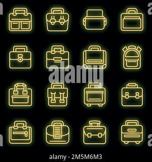 Laptop bag icons set. Outline set of laptop bag vector icons neon color on black Stock Vector