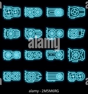 Graphics card icons set. Outline set of graphics card vector icons neon color on black Stock Vector