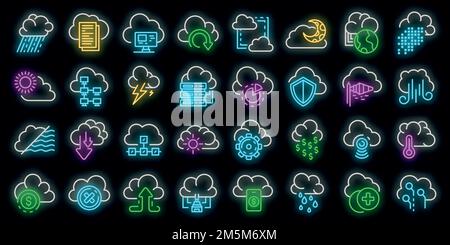 Cloud icons set. Outline set of cloud vector icons neon color on black Stock Vector