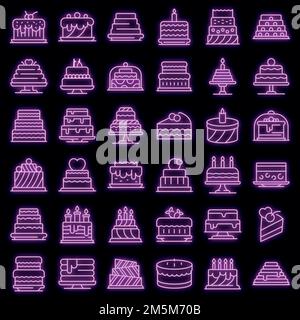 Cake icons set. Outline set of cake vector icons neon color on black Stock Vector
