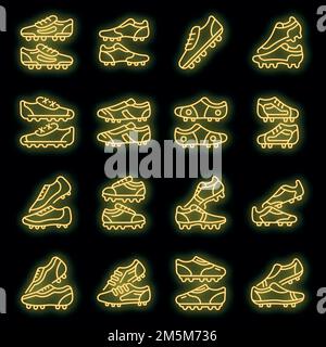 Football boots icons set. Outline set of football boots vector icons neon color on black Stock Vector