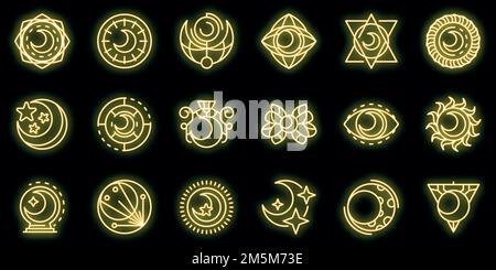 Moon icons set. Outline set of moon vector icons neon color on black Stock Vector