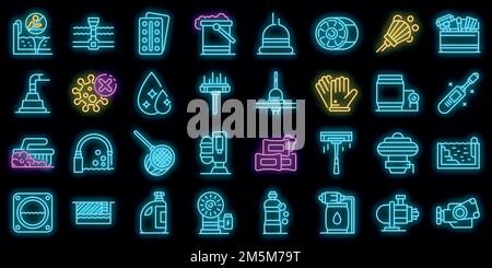 Pool cleaning icons set. Outline set of pool cleaning vector icons neon color on black Stock Vector