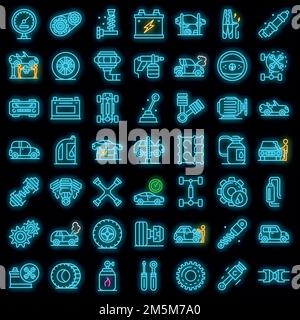 Car mechanic icons set. Outline set of car mechanic vector icons neon color on black Stock Vector