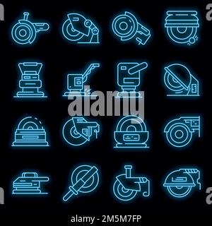 Grinding machine icons set. Outline set of grinding machine vector icons neon color on black Stock Vector