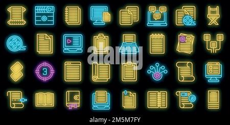 Scenario icons set. Outline set of scenario vector icons neon color on black Stock Vector