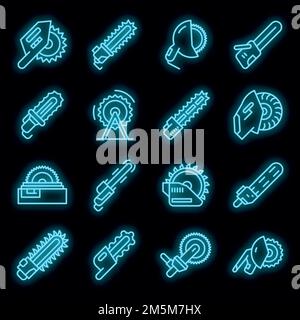 Electric saw icons set. Outline set of electric saw vector icons neon color on black Stock Vector